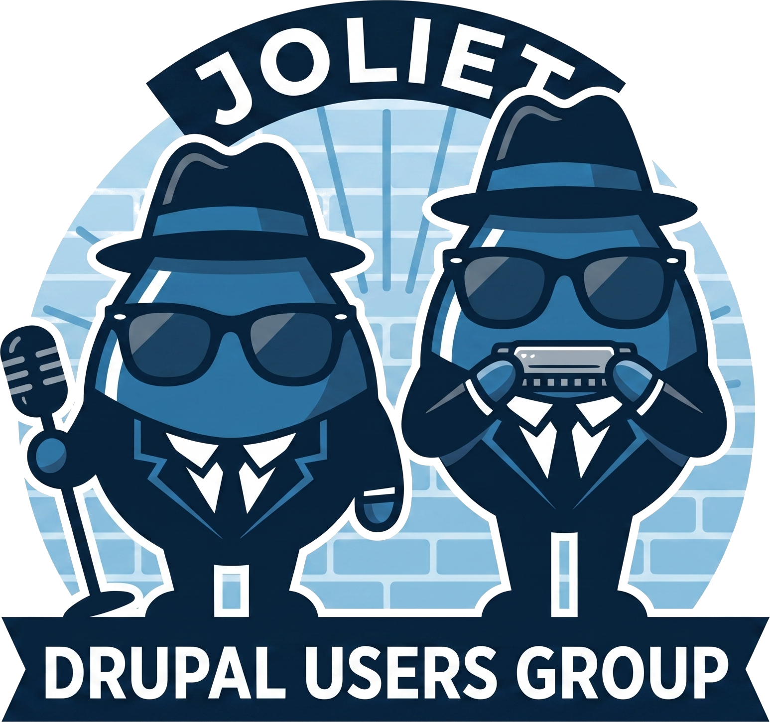 Joliet Drupal Users Group logo: two Drupal drops in suits with a microphone and harmonica